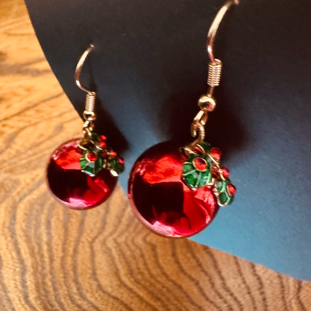I Am Limited Edition Festive Red-Green Earrings with Holly-large red ornament